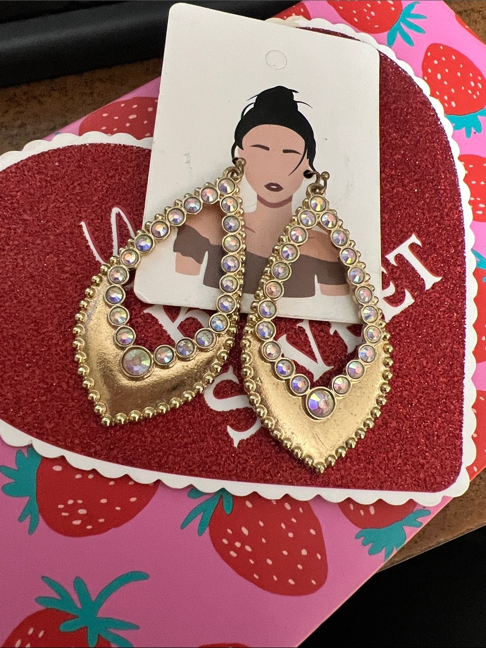 Source Unknown Gold Teardrop Earrings with Iridescent Crystals